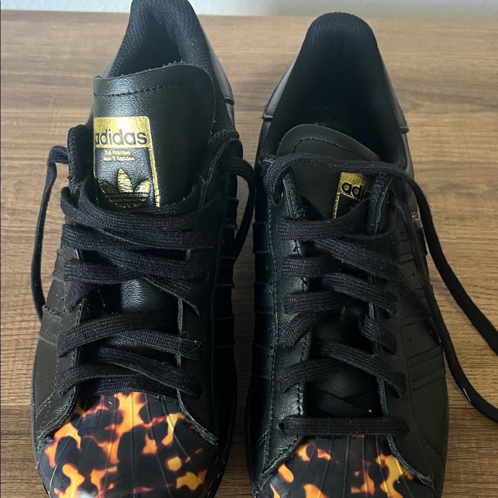 adidas Women's Black Sneakers with Tortoiseshell Toe Caps and Gold Accents